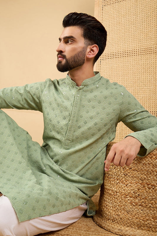 Green Viscose Rayon Solid Embroidered Straight Kurta with Trouser MKU1053