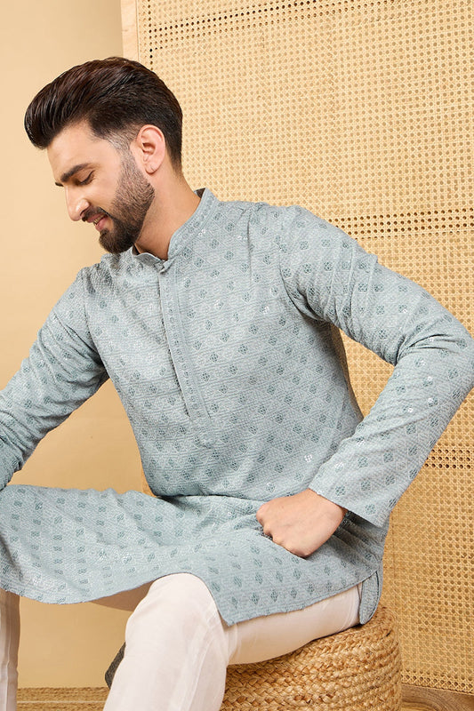 Grey Viscose Rayon Solid Embroidered Straight Kurta with Trouser MKSET1054