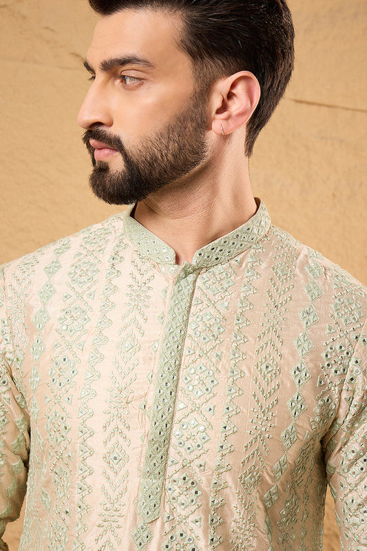 Off White Silk Blend Solid Embroidered Straight Kurta with Trouser MKSET1127