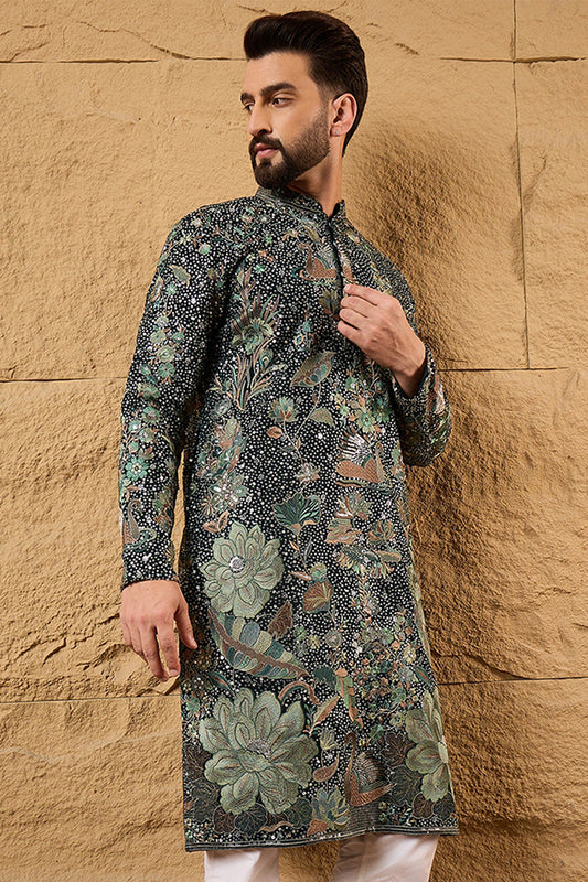 Green Georgette Solid Embroidered Straight Kurta with Trouser MKSET1133
