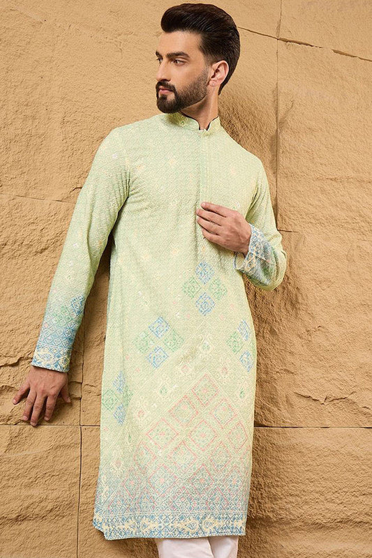 Green Viscose Rayon Bandhani Embroidered Straight Kurta with Trouser MKSET1141