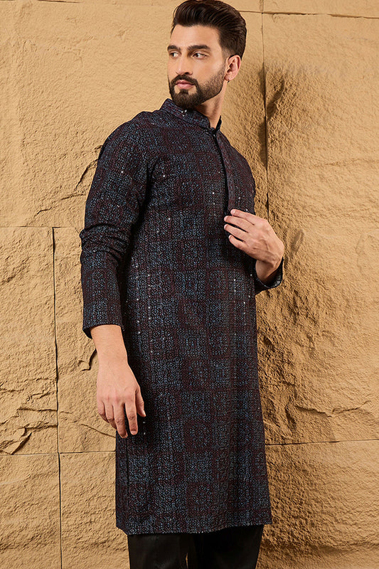 Black Viscose Rayon Geometric Embroidered Chikankari Straight Kurta Pant Set MKSET1166