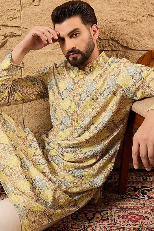 Yellow Viscose Rayon Bandhani Embroidered Straight Kurta With Pant Set MKSET1192