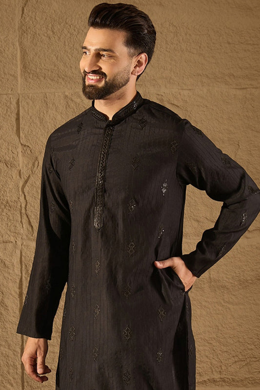 Black Viscose Rayon Solid Embroidered Straight Kurta with Trouser MKSET1294