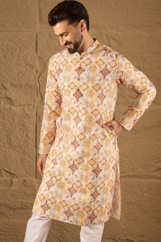 White Silk Blend Geometric Embroidered Straight Kurta with Trouser MKSET1310