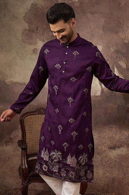 Purple Silk Blend Solid Embroidered Straight Kurta and Trouser MKSET1327