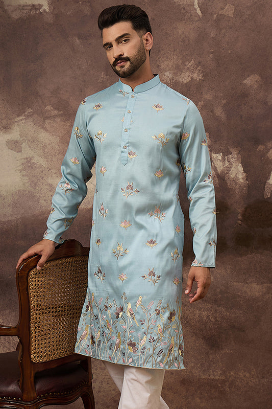 Blue Silk Blend Solid Embroidered Straight Kurta and Trouser MKSET1343