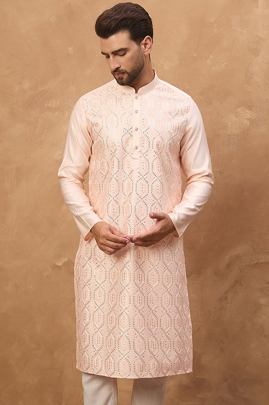 Peach Silk Blend Solid Embroidered Straight Kurta With Pant Set MKSET1431
