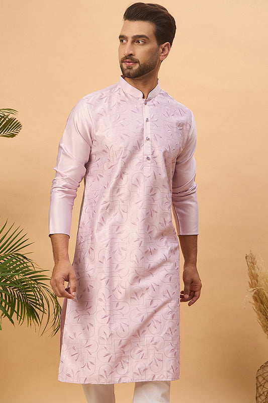 Lavender Silk Blend Solid Embroidered Straight Kurta With Pant Set MKSET1447