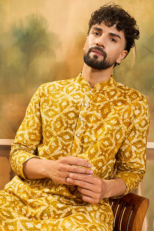 Yellow Pure Cotton Shibori Embroidered Straight Kurta with Trouser MKSET1462