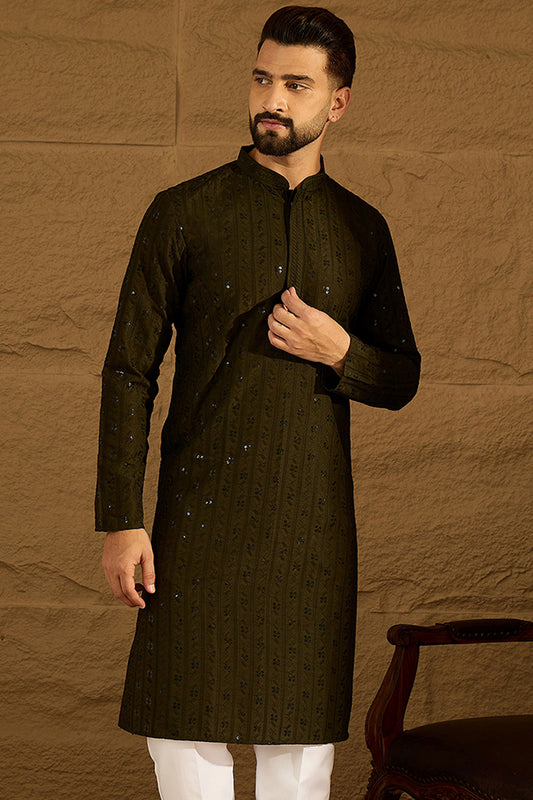 Olive Viscose Rayon Solid Embroidered Straight Kurta with Trouser MKSET1553