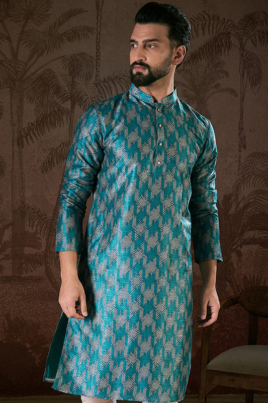 Turquoise Blue Silk Blend Chevron Printed Straight Kurta With Trouser MKSET1916