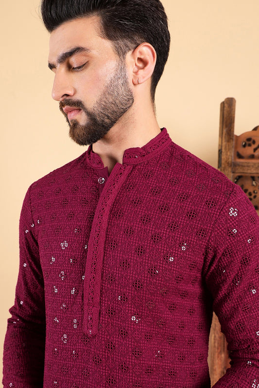 Wine Viscose Rayon Solid Embroidered Straight Kurta For Men MKU1010WIN
