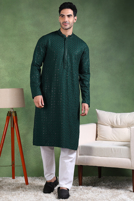 Green Viscose Rayon Solid Embroidered Straight Kurta with Trousers