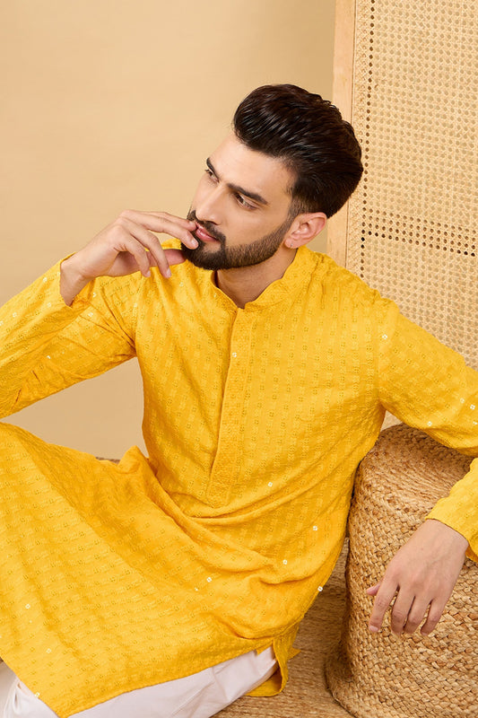 Yellow Viscose Rayon Solid Embroidered Straight Kurta with Trousers MKSET1048