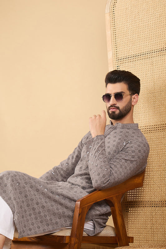 Grey Viscose Rayon Solid Embroidered Straight Kurta with Trouser MKSET1049