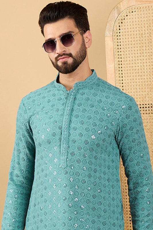 Ethnic Bay Turquoise Blue Viscose Rayon Solid Embroidered Straight Chikankari Kurta MKU1056