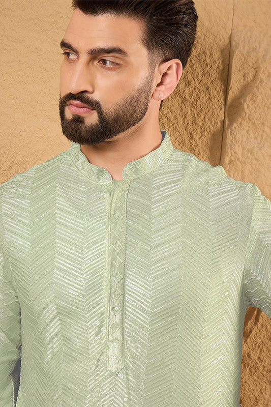 Ethnic Bay Green Viscose Rayon Solid Embroidered Straight Kurta For Men MKU1109