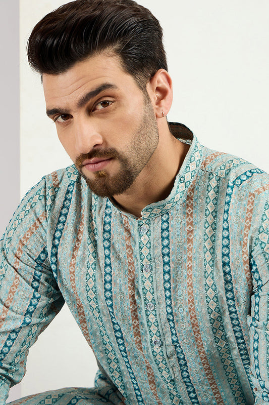 Ethnic Bay Men Teal Viscose Rayon Geometric Embroidered Chikankari Straight Kurta MKU1118