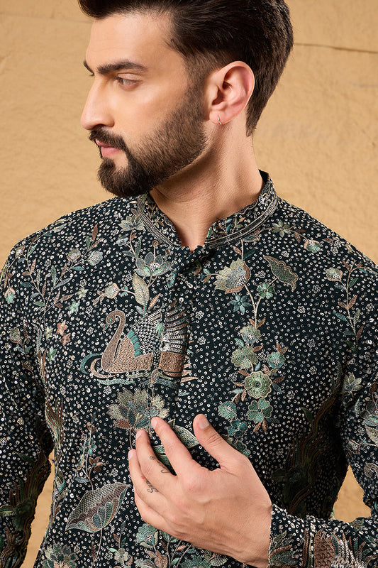 Ethnic Bay Green Georgette Embroidered Mandarin Collar Straight Kurta MKU1133