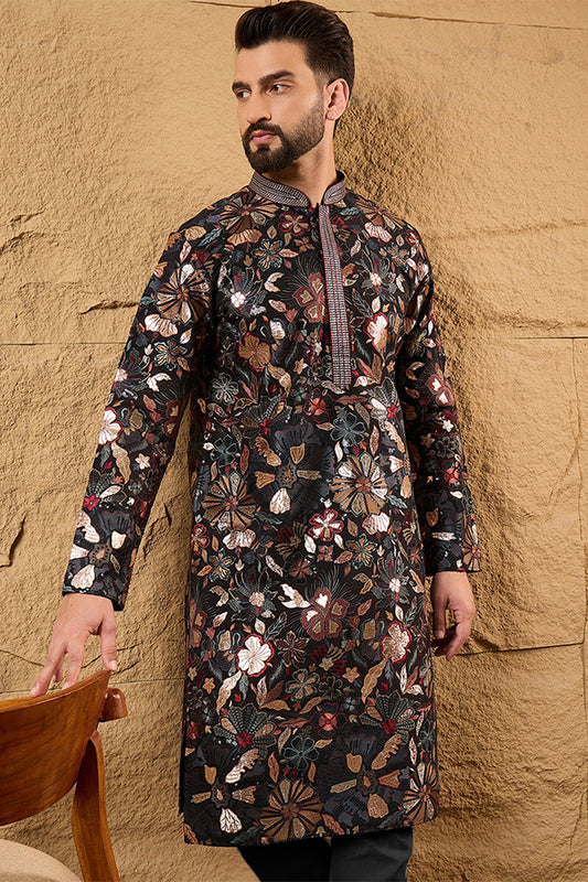 Black Silk Blend Solid Embroidered Straight Kurta MKU1153