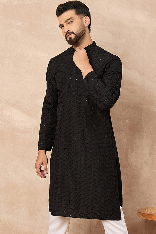 Black Viscose Rayon Solid Embroidered Straight Kurta MKU1190