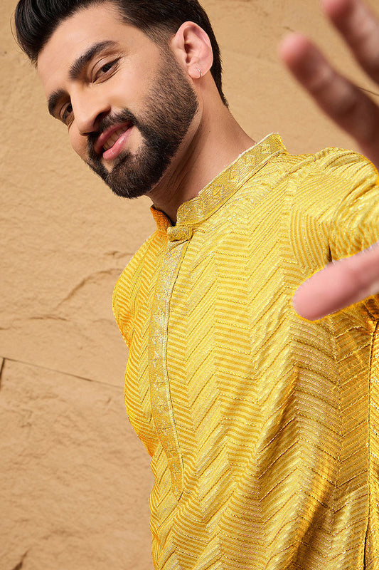 Yellow Viscose Rayon Solid Embroidered Straight Kurta MKU1204