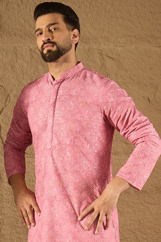 Pink Viscose Rayon Bandhani Embroidered Straight Kurta MKU1245