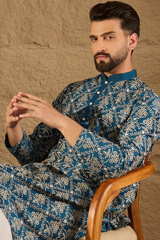 Blue Pure Silk Floral Printed Straight Kurta with Trouser MKSET1273