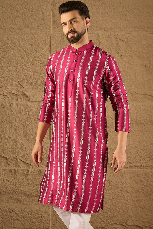 Pink Silk Ethnic Motifs Printed Straight Kurta MKU1283