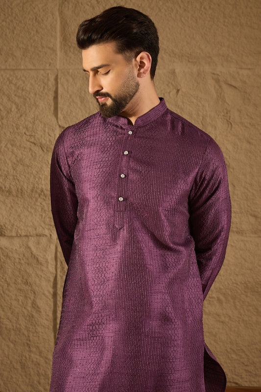 Purple Silk Blend Solid Embroidered Straight Kurta with Trouser MKSET1288