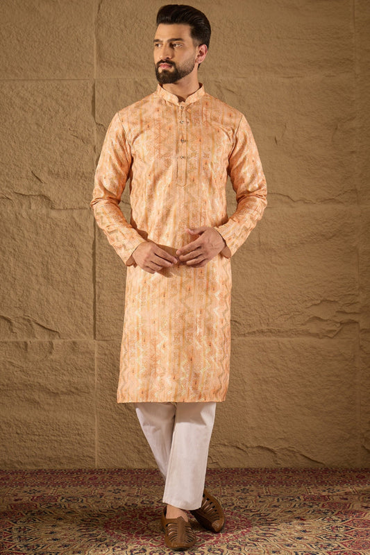 Orange Silk Blend Woven Straight Kurta