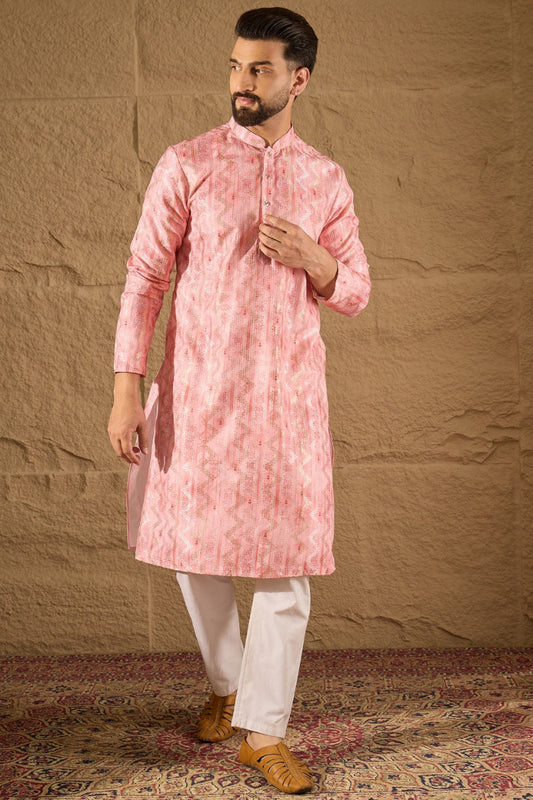 Pink Silk Woven Straight Kurta