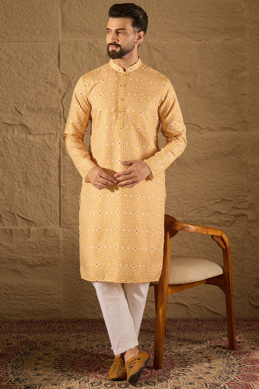 Yellow Cotton Ethnic Motifs Straight Kurta