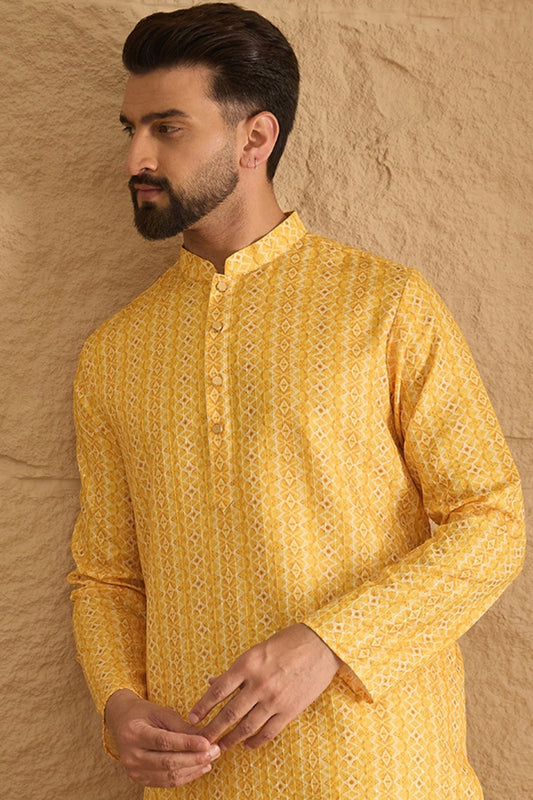 Yellow Silk Blend Geometric Embroidered Straight Kurta MKU1313