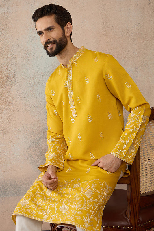 Yellow Chanderi Silk Solid Embroidered Straight Kurta with Trouser MKSET1314