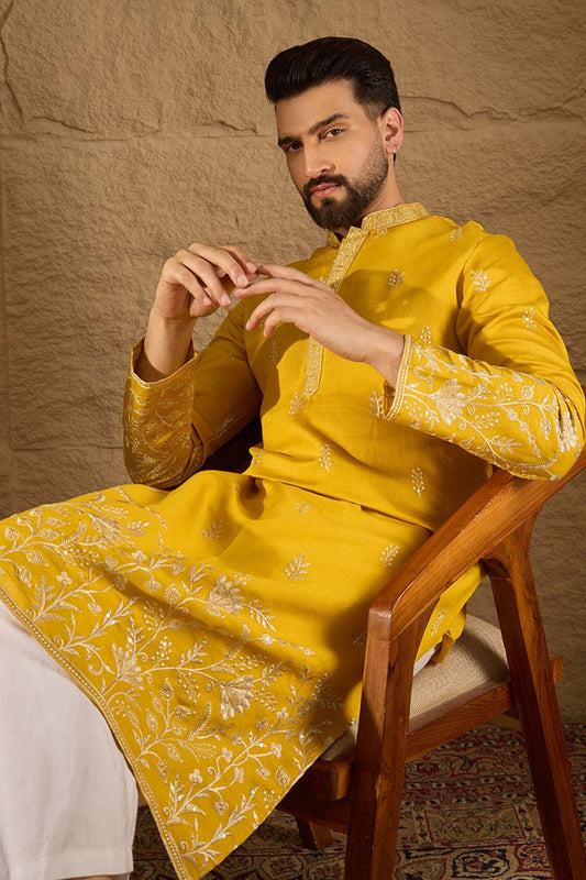 Yellow Vertican Solid Embroidered Straight Kurta MKU1314