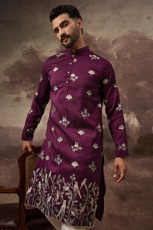 Purple Silk Blend Solid Embroidered Straight Kurta MKU1340