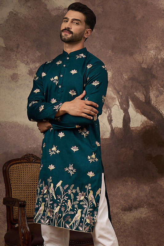 Blue Silk Blend Solid Embroidered Straight Kurta MKU1342
