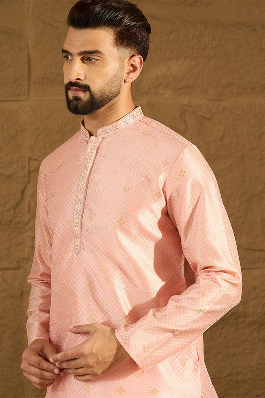 Peach Polyester Solid Embroidered Straight Kurta MKU1351