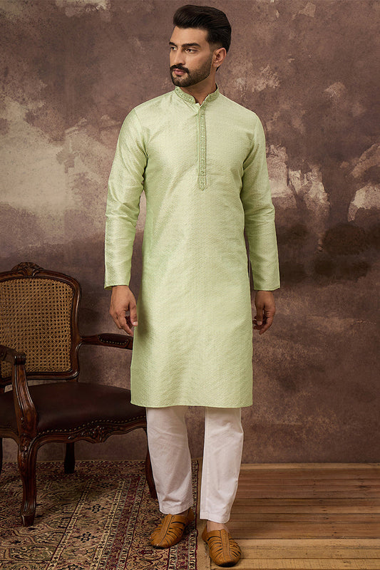 Green Silk Blend Solid Woven Design Straight Kurta