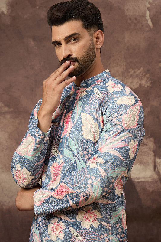 Blue Viscose Rayon Floral Woven Straight Kurta