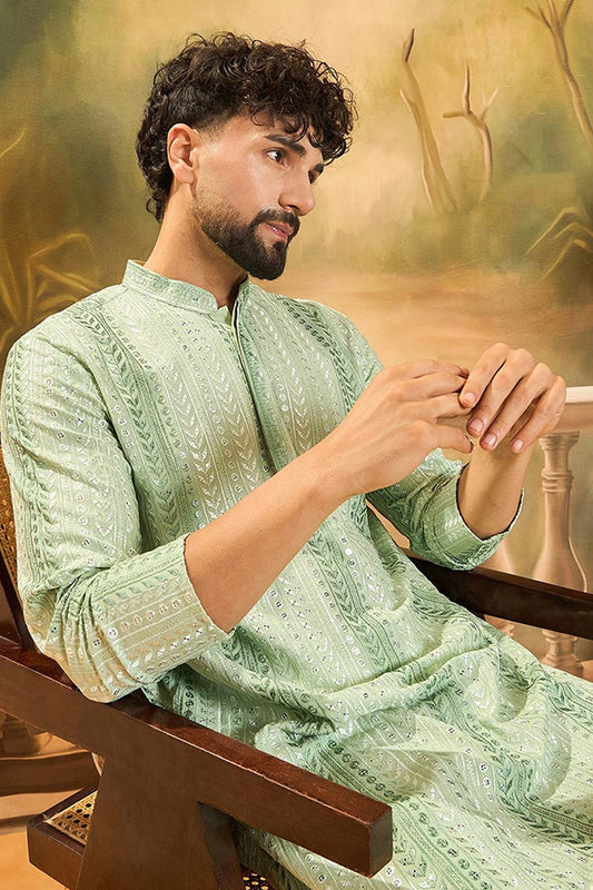 Ethnic Bay Mens Viscose Rayon Green Solid Embroidered Kurta With Trouser MKSET1435