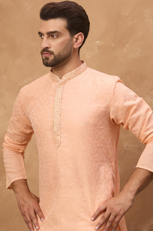 Peach Silk Blend Solid Embroidered Straight Kurta With Pant Set MKSET1453