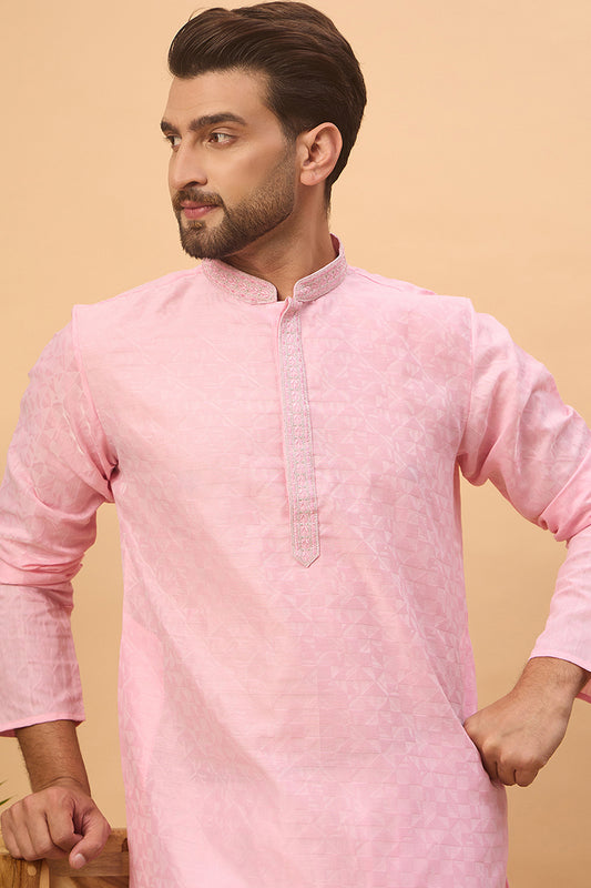 Pink Silk Blend Solid Embroidered Straight Kurta MKU1454