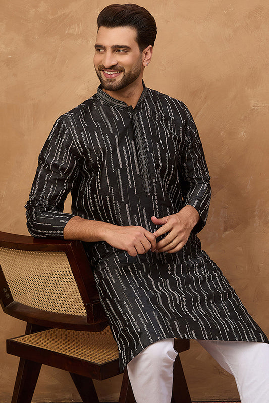 Black Silk Blend Geometric Printed Straight Kurta With Pant Set MKSET1516