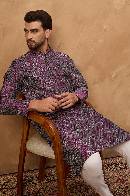 Purple Silk Blend Geometric Printed Straight Kurta MKU1521