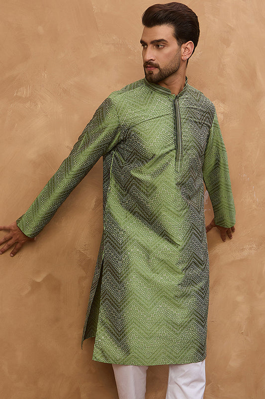 Green Silk Blend Geometric Printed Straight Kurta MKU1522