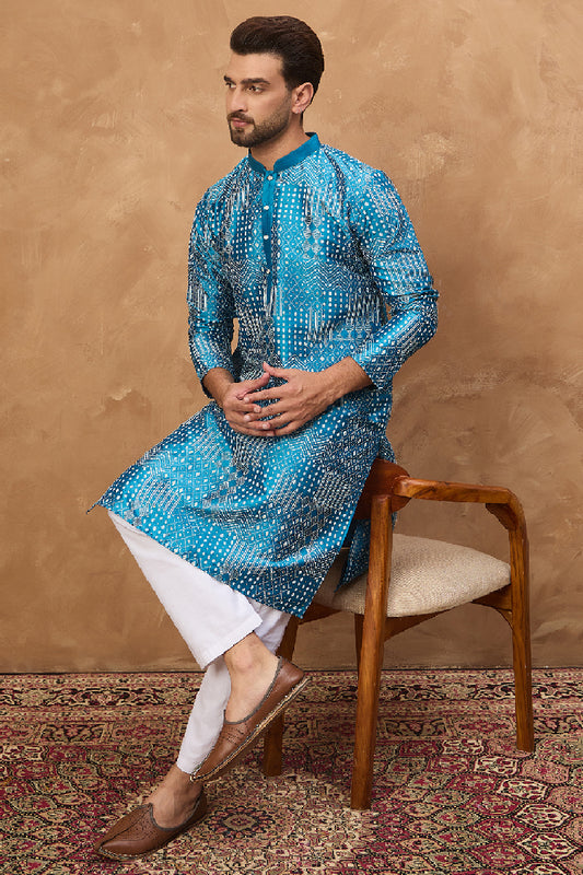 Blue Silk Blend Geometric Printed Straight Kurta MKU1527