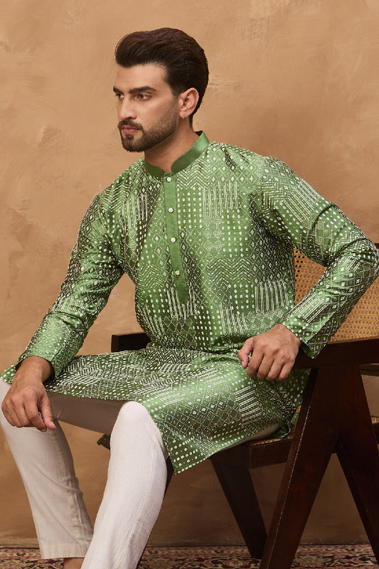 Green Silk Blend Geometric Printed Straight Kurta MKU1530